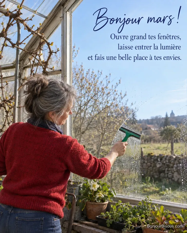 Une jardinière passe une raclette sur la vitre d’une serre pour laisser entrer la lumière de mars, avec le texte « Bonjour mars ! Ouvre grand tes fenêtres, laisse entrer la lumière et fais une belle place à tes envies. ».