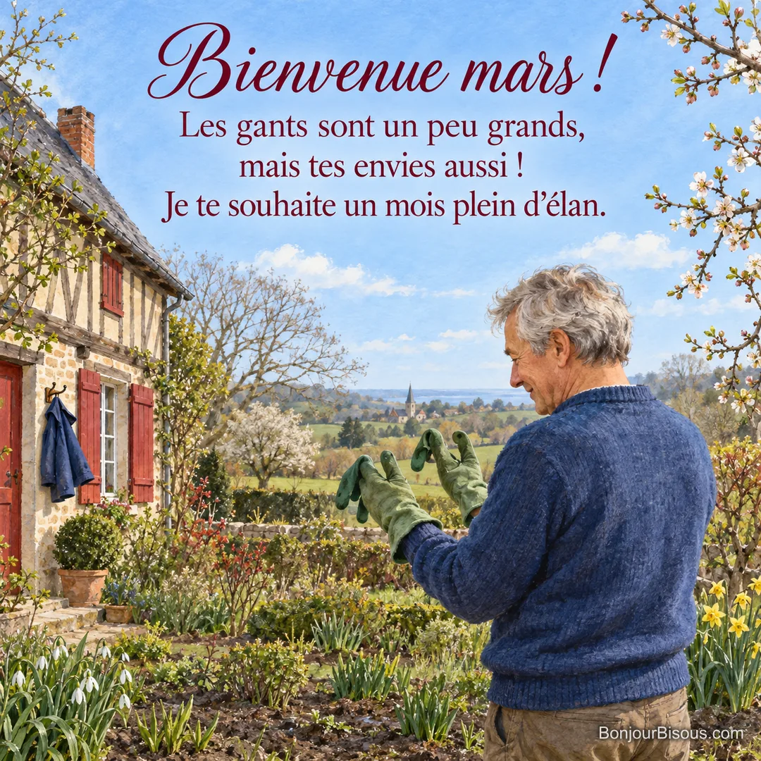 Un jardinier regarde ses gants verts trop grands dans un jardin normand au début de mars, avec le texte « Bienvenue mars ! Les gants sont un peu grands, mais tes envies aussi ! Je te souhaite un mois plein d’élan. ». Un jardinier regarde ses gants verts trop grands dans un jardin normand au début de mars, avec le texte « Bienvenue mars ! Les gants sont un peu grands, mais tes envies aussi ! Je te souhaite un mois plein d’élan. ».