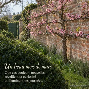 Un pêcher en espalier fleurit en rose contre un mur de briques dans un jardin du Val de Loire, avec le texte « Un beau mois de mars Que ces couleurs nouvelles réveillent ta curiosité et illuminent tes journées. ».