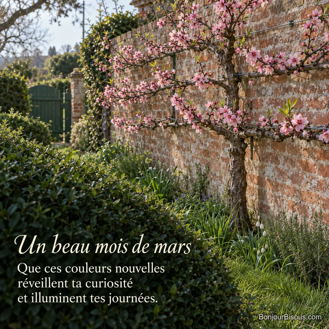 Un pêcher en espalier fleurit en rose contre un mur de briques dans un jardin du Val de Loire, avec le texte « Un beau mois de mars Que ces couleurs nouvelles réveillent ta curiosité et illuminent tes journées. ». Un pêcher en espalier fleurit en rose contre un mur de briques dans un jardin du Val de Loire, avec le texte « Un beau mois de mars Que ces couleurs nouvelles réveillent ta curiosité et illuminent tes journées. ».