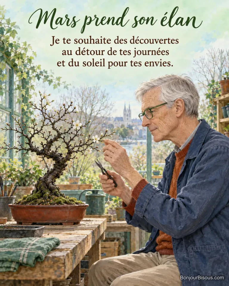 Un homme observe les premières fleurs blanches de son bonsaï de prunellier dans un atelier nantais au matin, avec le texte « Mars prend son élan Je te souhaite des découvertes au détour de tes journées et du soleil pour tes envies. ».