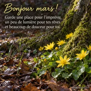 Des ficaires jaunes s’ouvrent entre des racines couvertes de mousse dans un sous-bois breton après la pluie, avec le texte « Bonjour mars ! Garde une place pour l’imprévu, un peu de lumière pour tes rêves et beaucoup de douceur pour toi. ».