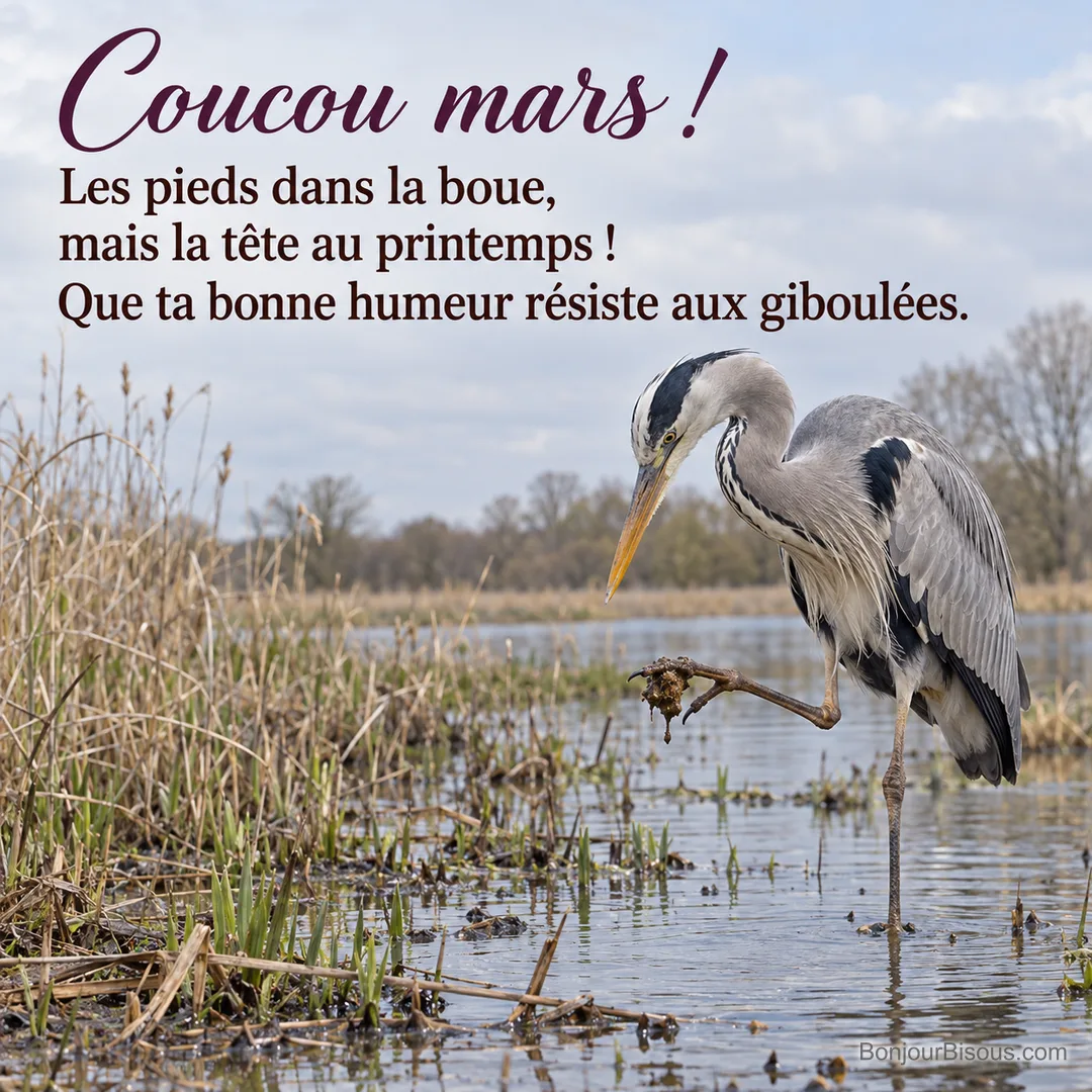 Un héron cendré soulève une patte couverte de vase au bord d’une mare de la Brenne sous une éclaircie de mars, avec le texte « Coucou mars ! Les pieds dans la boue, mais la tête au printemps ! Que ta bonne humeur résiste aux giboulées. ». Un héron cendré soulève une patte couverte de vase au bord d’une mare de la Brenne sous une éclaircie de mars, avec le texte « Coucou mars ! Les pieds dans la boue, mais la tête au printemps ! Que ta bonne humeur résiste aux giboulées. ».