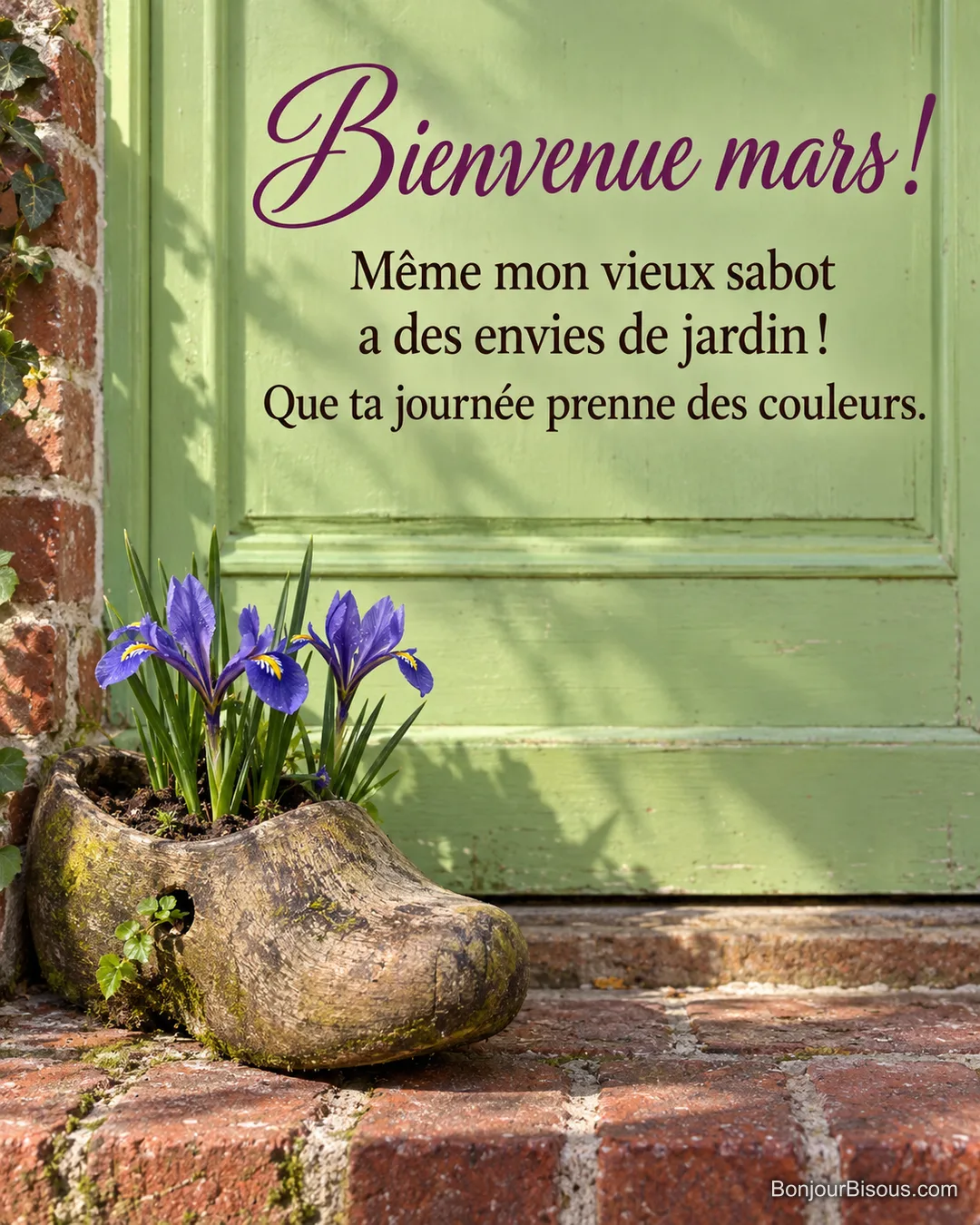 Des iris réticulés bleus poussent dans un vieux sabot de jardin posé au seuil d’une maison picarde, avec le texte « Bienvenue mars ! Même mon vieux sabot a des envies de jardin ! Que ta journée prenne des couleurs. ». Des iris réticulés bleus poussent dans un vieux sabot de jardin posé au seuil d’une maison picarde, avec le texte « Bienvenue mars ! Même mon vieux sabot a des envies de jardin ! Que ta journée prenne des couleurs. ».