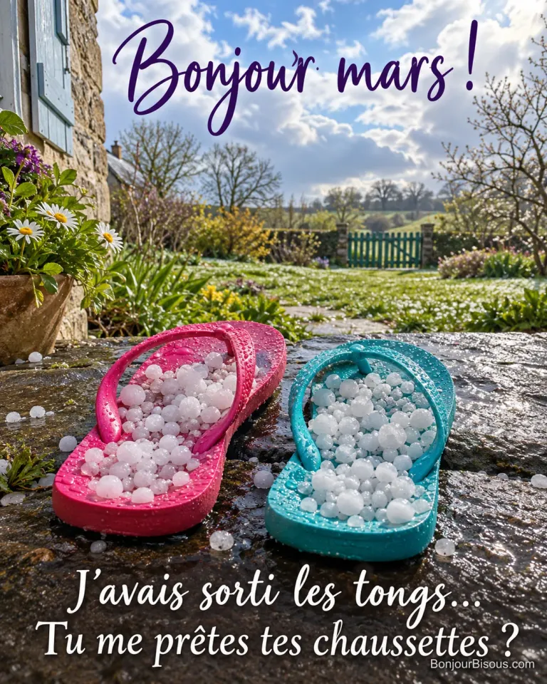 Deux tongs fuchsia et turquoise se sont remplies de grêlons sur la marche d’une maison au mois de mars, avec le message « Bonjour mars ! J’avais sorti les tongs… Tu me prêtes tes chaussettes ? ».