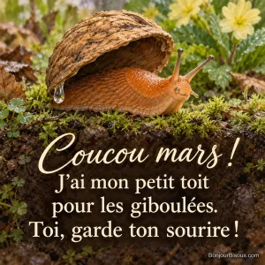 Une petite limace orange s’abrite des giboulées sous une demi-coque de noix retournée, avec le message « Coucou mars ! J’ai mon petit toit pour les giboulées. Toi, garde ton sourire ! ».