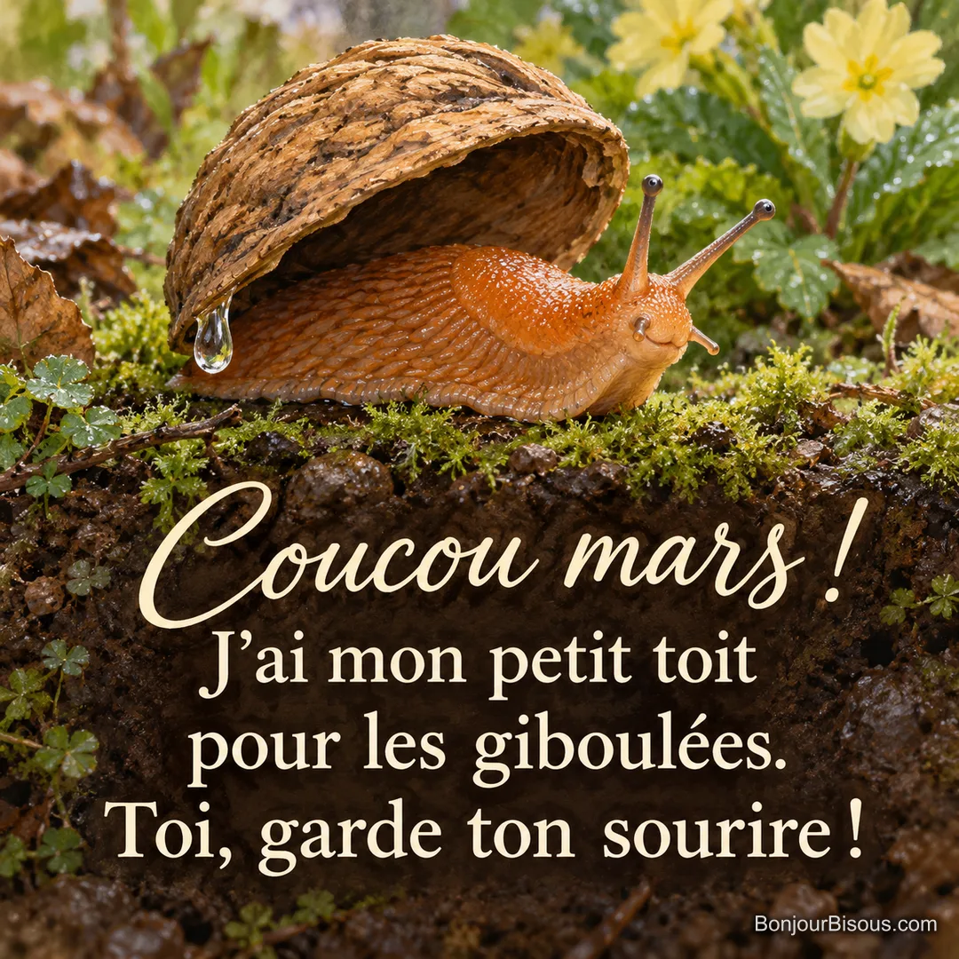 Une petite limace orange s’abrite des giboulées sous une demi-coque de noix retournée, avec le message « Coucou mars ! J’ai mon petit toit pour les giboulées. Toi, garde ton sourire ! ». Une petite limace orange s’abrite des giboulées sous une demi-coque de noix retournée, avec le message « Coucou mars ! J’ai mon petit toit pour les giboulées. Toi, garde ton sourire ! ».