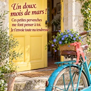 Une corbeille de pervenches bleues attend sur le siège d’un vélo turquoise comme une attention printanière pour une amie, avec le message « Un doux mois de mars ! Ces petites pervenches me font penser à toi. Je t’envoie toute ma tendresse ! ».