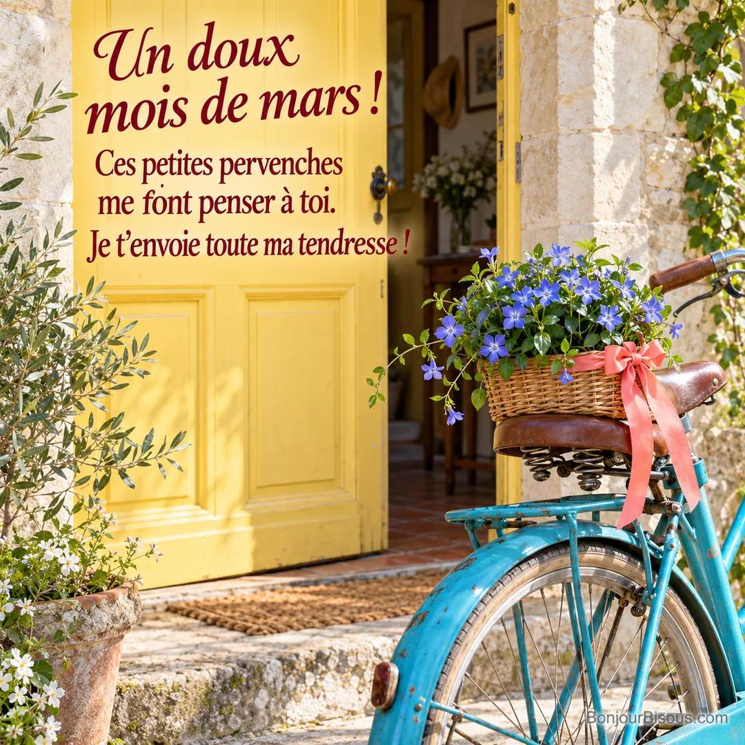 Une corbeille de pervenches bleues attend sur le siège d’un vélo turquoise comme une attention printanière pour une amie, avec le message « Un doux mois de mars ! Ces petites pervenches me font penser à toi. Je t’envoie toute ma tendresse ! ». Une corbeille de pervenches bleues attend sur le siège d’un vélo turquoise comme une attention printanière pour une amie, avec le message « Un doux mois de mars ! Ces petites pervenches me font penser à toi. Je t’envoie toute ma tendresse ! ».
