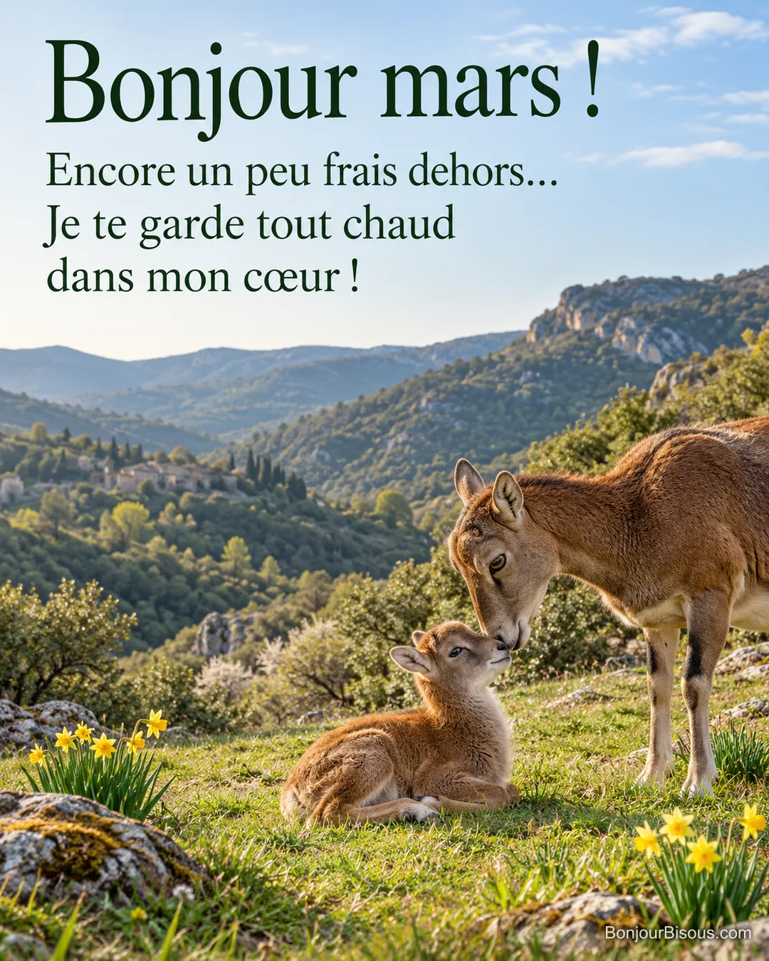 Une mouflonne touche tendrement le front de son unique agneau blotti contre elle dans les Cévennes en mars, avec le message « Bonjour mars ! Encore un peu frais dehors… Je te garde tout chaud dans mon cœur ! ». Une mouflonne touche tendrement le front de son unique agneau blotti contre elle dans les Cévennes en mars, avec le message « Bonjour mars ! Encore un peu frais dehors… Je te garde tout chaud dans mon cœur ! ».