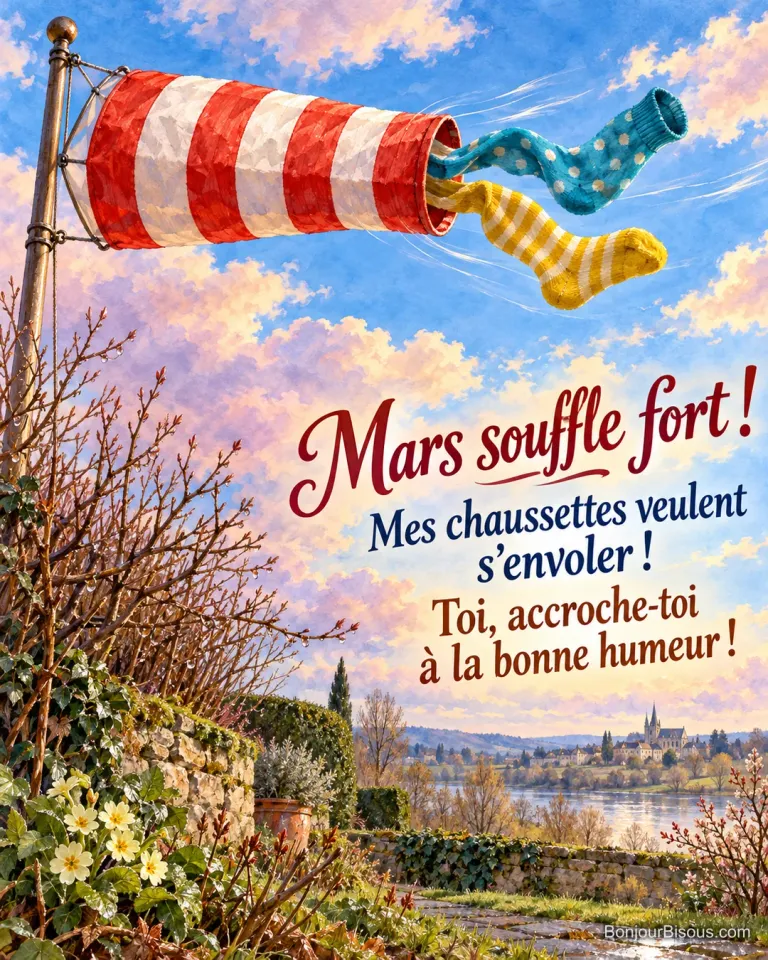 Une manche à air rayée emporte deux chaussettes dépareillées au-dessus d’un jardin de mars, avec le message « Mars souffle fort ! Mes chaussettes veulent s’envoler ! Toi, accroche-toi à la bonne humeur ! ».
