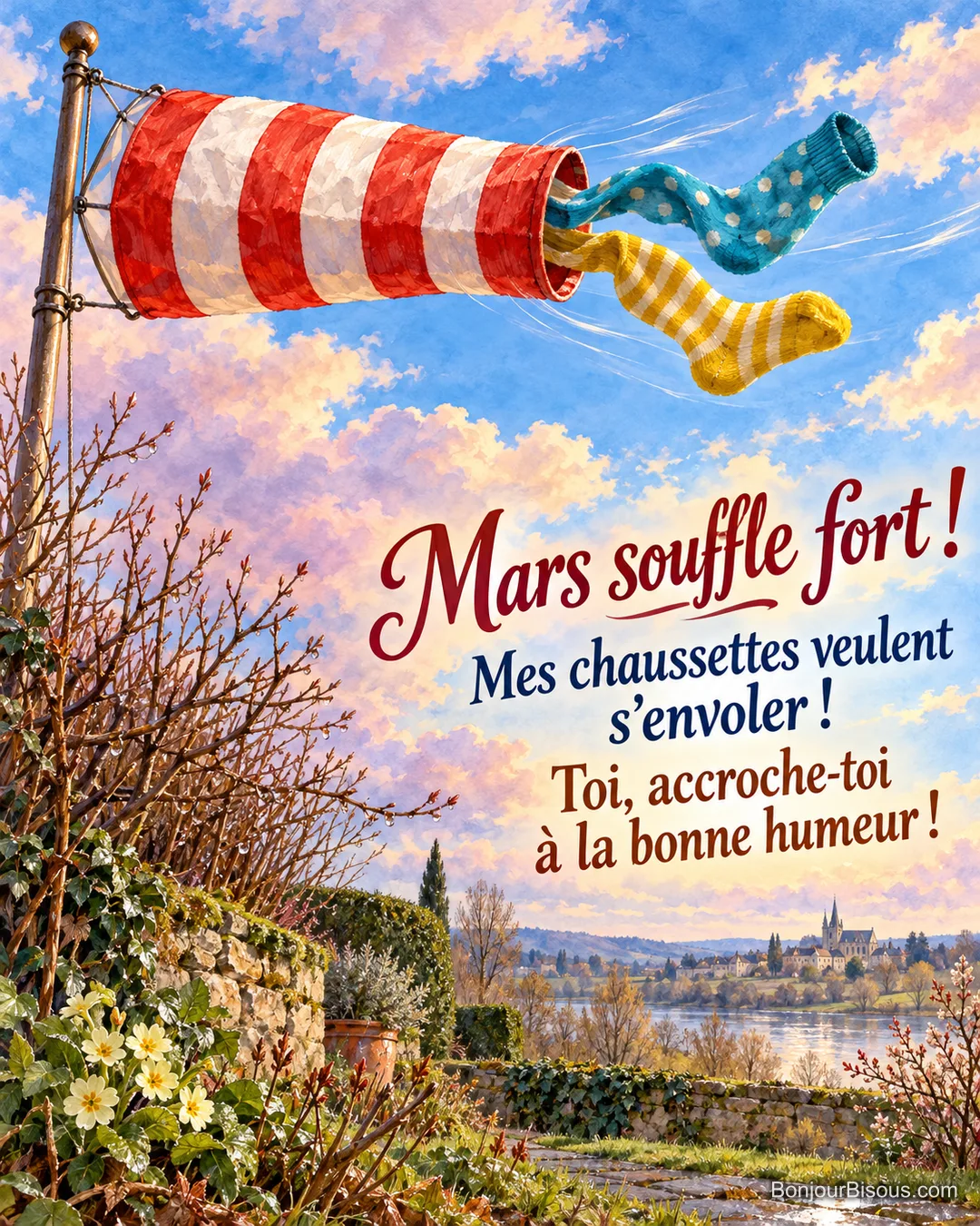 Une manche à air rayée emporte deux chaussettes dépareillées au-dessus d’un jardin de mars, avec le message « Mars souffle fort ! Mes chaussettes veulent s’envoler ! Toi, accroche-toi à la bonne humeur ! ».
