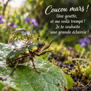 Un scarabée vert doré porte une énorme goutte de pluie sur sa carapace au creux d’une feuille mouillée, avec le message « Coucou mars ! Une goutte, et me voilà trempé ! Je te souhaite une grande éclaircie ! ».