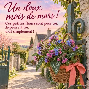 Un bouquet de pulmonaires roses et bleues est noué d’un ruban corail et déposé dans un panier de portail ouvert, avec le message « Un doux mois de mars ! Ces petites fleurs sont pour toi. Je pense à toi, tout simplement ! ».