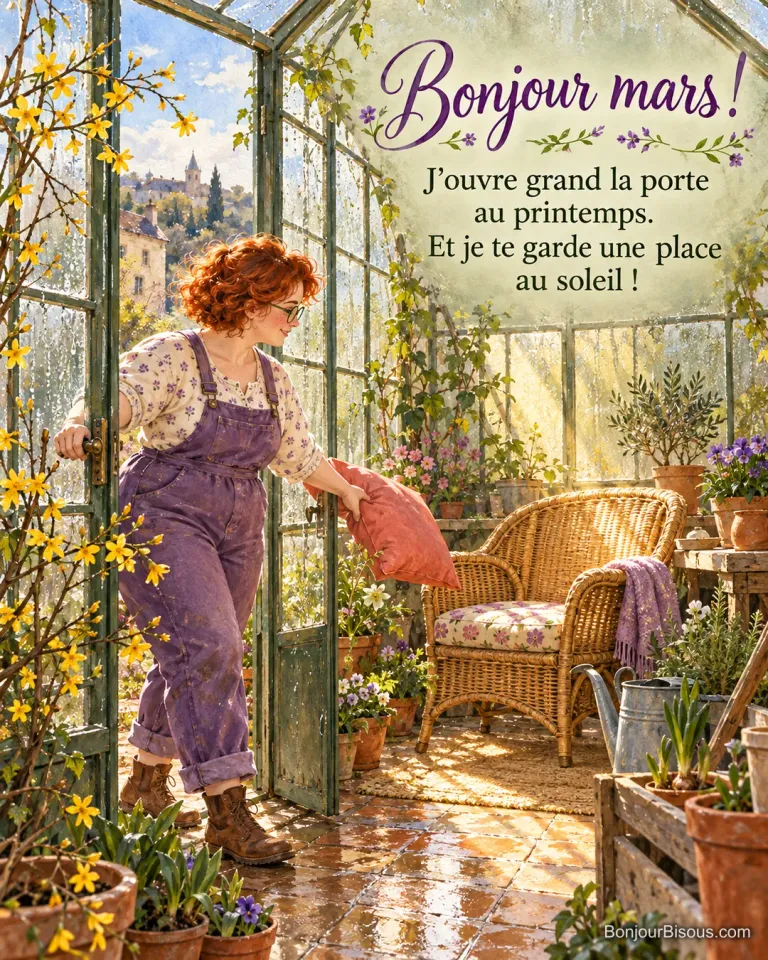 Une jeune femme ouvre une serre au jasmin d’hiver jaune et prépare un coussin corail sur un fauteuil pour une visite attendue, avec le message « Bonjour mars ! J’ouvre grand la porte au printemps. Et je te garde une place au soleil ! ».