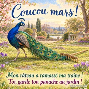 Un paon bleu se retourne vers le râteau de jardin accroché au bout de sa longue traîne dans l’herbe de mars, avec le message « Coucou mars ! Mon râteau a ramassé ma traîne ! Toi, garde ton panache au jardin ! ».