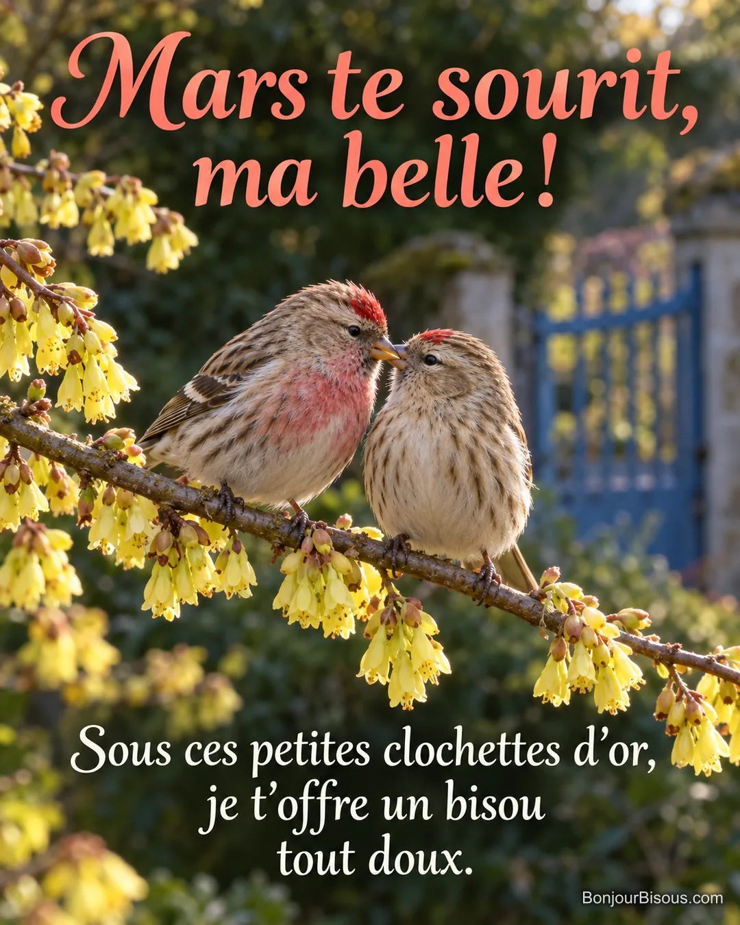 Deux sizerins flammés rapprochent leurs becs sur une branche de corylopsis couverte de petites clochettes jaunes dans un jardin de mars, avec le message « Mars te sourit, ma belle ! Sous ces petites clochettes d’or, je t’offre un bisou tout doux. ». Deux sizerins flammés rapprochent leurs becs sur une branche de corylopsis couverte de petites clochettes jaunes dans un jardin de mars, avec le message « Mars te sourit, ma belle ! Sous ces petites clochettes d’or, je t’offre un bisou tout doux. ».