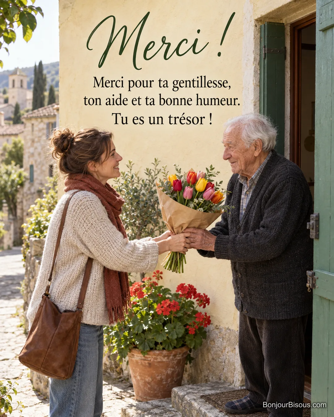 Photo d’une jeune femme qui tend un bouquet de tulipes à un vieil homme sur le seuil d’une maison de village aux volets verts, avec le texte « Merci ! Merci pour ta gentillesse, ton aide et ta bonne humeur. Tu es un trésor ! » Photo d’une jeune femme qui tend un bouquet de tulipes à un vieil homme sur le seuil d’une maison de village aux volets verts, avec le texte « Merci ! Merci pour ta gentillesse, ton aide et ta bonne humeur. Tu es un trésor ! »