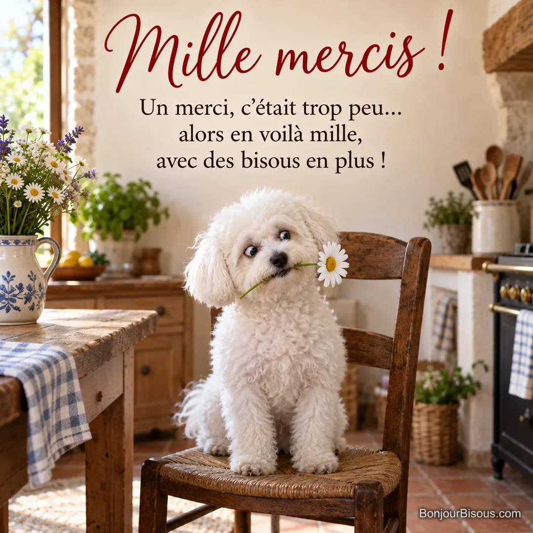 Photo d’un bichon blanc assis sur une chaise paillée avec une marguerite dans la gueule, dans une cuisine de campagne, avec le texte « Mille mercis ! Un merci, c’était trop peu… alors en voilà mille, avec des bisous en plus ! » Photo d’un bichon blanc assis sur une chaise paillée avec une marguerite dans la gueule, dans une cuisine de campagne, avec le texte « Mille mercis ! Un merci, c’était trop peu… alors en voilà mille, avec des bisous en plus ! »