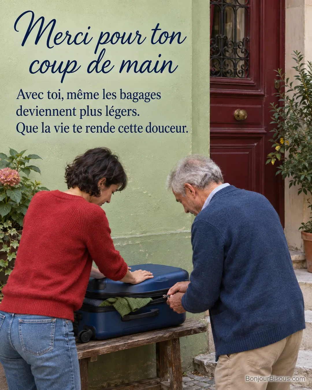 Deux voisins ferment ensemble une valise bleue chargée de vêtements dans une entrée parisienne, avec le texte « Merci pour ton coup de main Avec toi, même les bagages deviennent plus légers. Que la vie te rende cette douceur. ». Deux voisins ferment ensemble une valise bleue chargée de vêtements dans une entrée parisienne, avec le texte « Merci pour ton coup de main Avec toi, même les bagages deviennent plus légers. Que la vie te rende cette douceur. ».