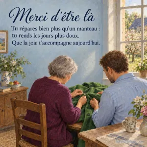 Une amie raccommode une petite déchirure dans un manteau vert sous le regard de son propriétaire, avec le texte « Merci d’être là Tu répares bien plus qu’un manteau : tu rends les jours plus doux. Que la joie t’accompagne aujourd’hui. ».