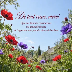 Des anémones rouges et violettes se balancent dans un jardin au ciel bleu clair, avec le texte « De tout cœur, merci Que ces fleurs te transmettent ma gratitude sincère et t’apportent une journée pleine de bonheur. ».