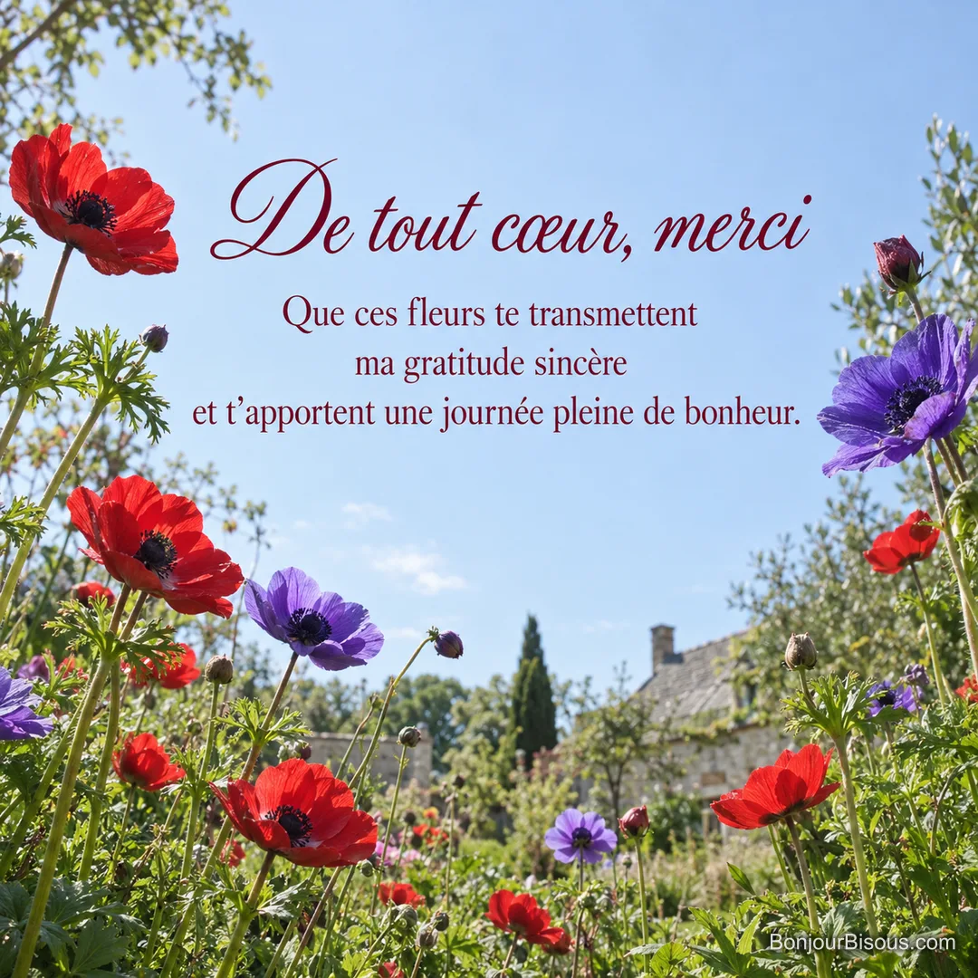 Des anémones rouges et violettes se balancent dans un jardin au ciel bleu clair, avec le texte « De tout cœur, merci Que ces fleurs te transmettent ma gratitude sincère et t’apportent une journée pleine de bonheur. ». Des anémones rouges et violettes se balancent dans un jardin au ciel bleu clair, avec le texte « De tout cœur, merci Que ces fleurs te transmettent ma gratitude sincère et t’apportent une journée pleine de bonheur. ».