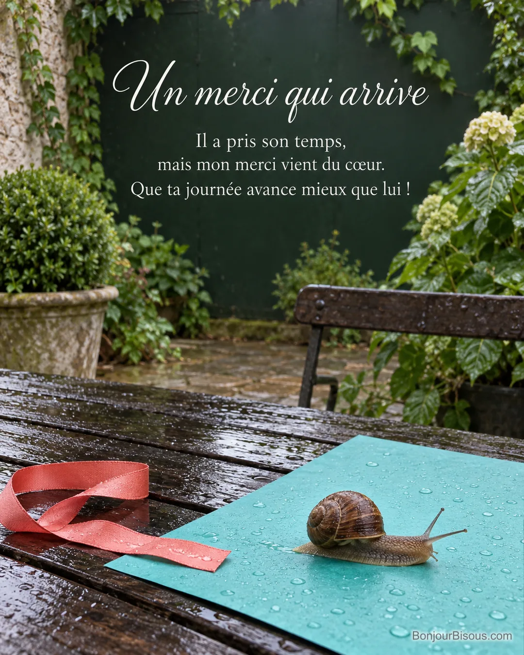 Un escargot traverse un papier cadeau turquoise déroulé sur une table de jardin humide, avec le texte « Un merci qui arrive Il a pris son temps, mais mon merci vient du cœur. Que ta journée avance mieux que lui ! ». Un escargot traverse un papier cadeau turquoise déroulé sur une table de jardin humide, avec le texte « Un merci qui arrive Il a pris son temps, mais mon merci vient du cœur. Que ta journée avance mieux que lui ! ».