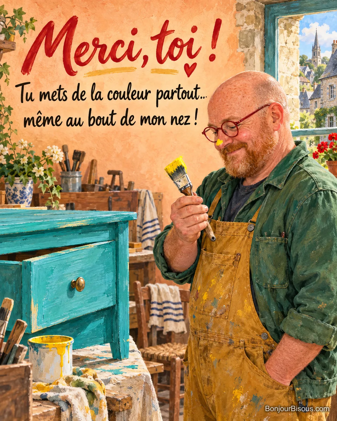 Un bricoleur breton sourit de la petite tache jaune laissée sur son nez par son pinceau, avec le texte « Merci, toi ! Tu mets de la couleur partout… même au bout de mon nez ! ». Un bricoleur breton sourit de la petite tache jaune laissée sur son nez par son pinceau, avec le texte « Merci, toi ! Tu mets de la couleur partout… même au bout de mon nez ! ».