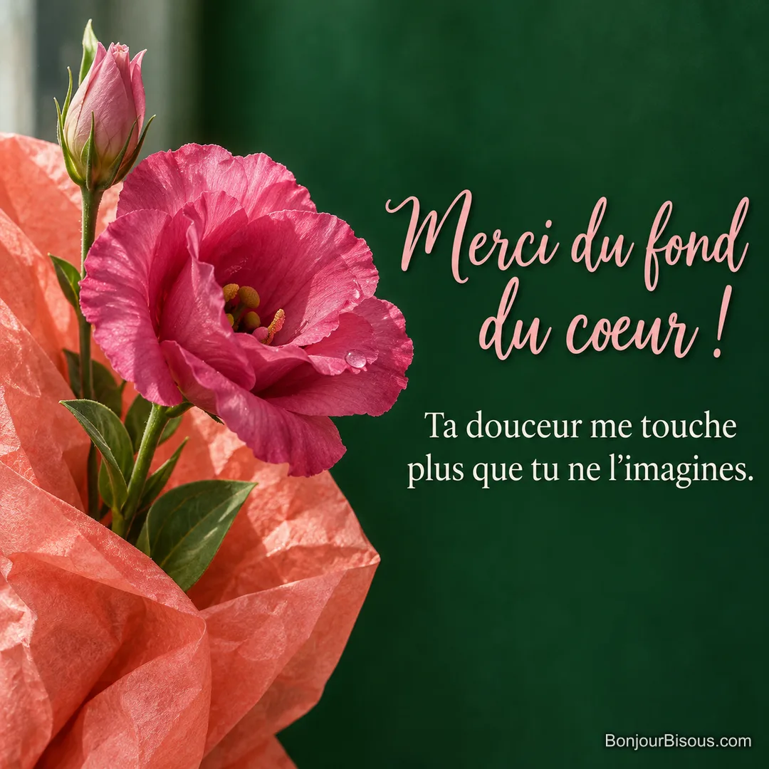 Une fleur de lisianthus rose et son bouton sont enveloppés tendrement dans un papier de soie corail, avec le texte « Merci du fond du cœur ! Ta douceur me touche plus que tu ne l’imagines. ». Une fleur de lisianthus rose et son bouton sont enveloppés tendrement dans un papier de soie corail, avec le texte « Merci du fond du cœur ! Ta douceur me touche plus que tu ne l’imagines. ».