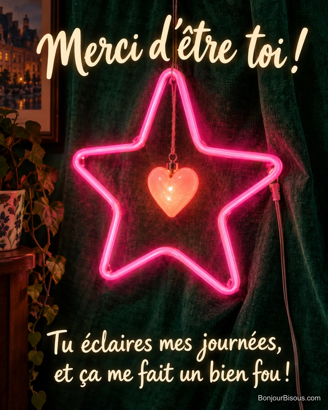 Une étoile artisanale en néon rose illumine un petit cœur corail devant un tissu vert, avec le texte « Merci d’être toi ! Tu éclaires mes journées, et ça me fait un bien fou ! ». Une étoile artisanale en néon rose illumine un petit cœur corail devant un tissu vert, avec le texte « Merci d’être toi ! Tu éclaires mes journées, et ça me fait un bien fou ! ».