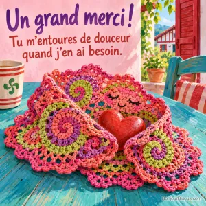 Un napperon multicolore souriant se replie en câlin autour d’un petit galet rouge en cœur, avec le texte « Un grand merci ! Tu m’entoures de douceur quand j’en ai besoin. ».