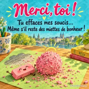 Une gomme rose renversée efface un nuage gris et se retrouve entourée de grosses miettes roses, avec le texte « Merci, toi ! Tu effaces mes soucis… Même s’il reste des miettes de bonheur ! ».