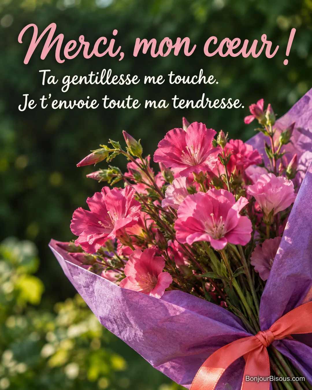 Des clarkias roses sont enveloppés dans un papier de soie violet refermé comme une étreinte, avec le texte « Merci, mon cœur ! Ta gentillesse me touche. Je t’envoie toute ma tendresse. ». Des clarkias roses sont enveloppés dans un papier de soie violet refermé comme une étreinte, avec le texte « Merci, mon cœur ! Ta gentillesse me touche. Je t’envoie toute ma tendresse. ».