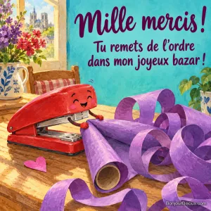 Une agrafeuse rouge souriante essaie de rassembler un papier cadeau violet tout en boucles, avec le texte « Mille mercis ! Tu remets de l’ordre dans mon joyeux bazar ! ».