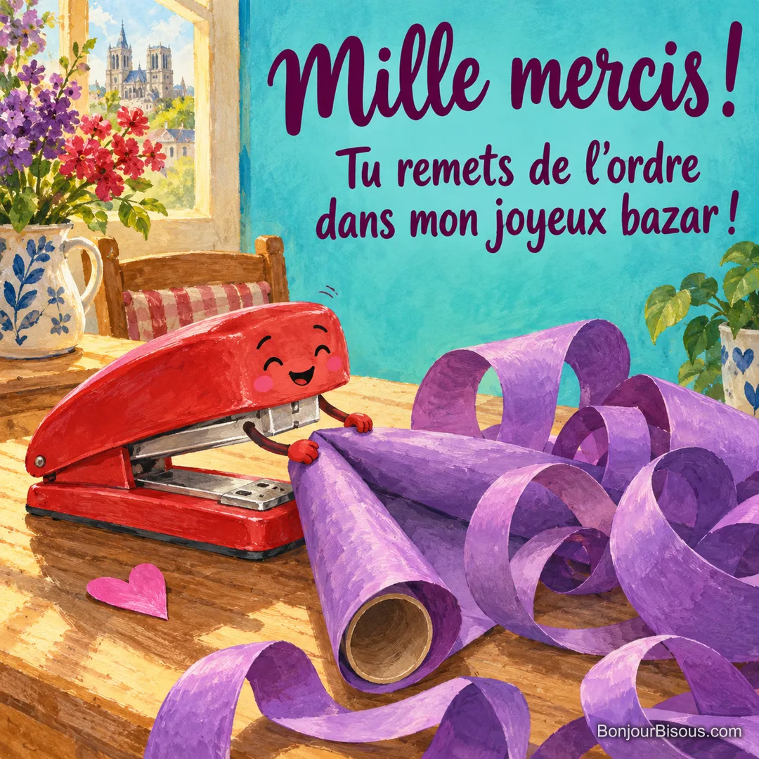 Une agrafeuse rouge souriante essaie de rassembler un papier cadeau violet tout en boucles, avec le texte « Mille mercis ! Tu remets de l’ordre dans mon joyeux bazar ! ». Une agrafeuse rouge souriante essaie de rassembler un papier cadeau violet tout en boucles, avec le texte « Mille mercis ! Tu remets de l’ordre dans mon joyeux bazar ! ».