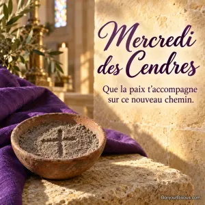Une coupelle de cendres marquée d’une croix reçoit la lumière d’une chapelle. Le message indique « Mercredi des Cendres Que la paix t’accompagne sur ce nouveau chemin. ».