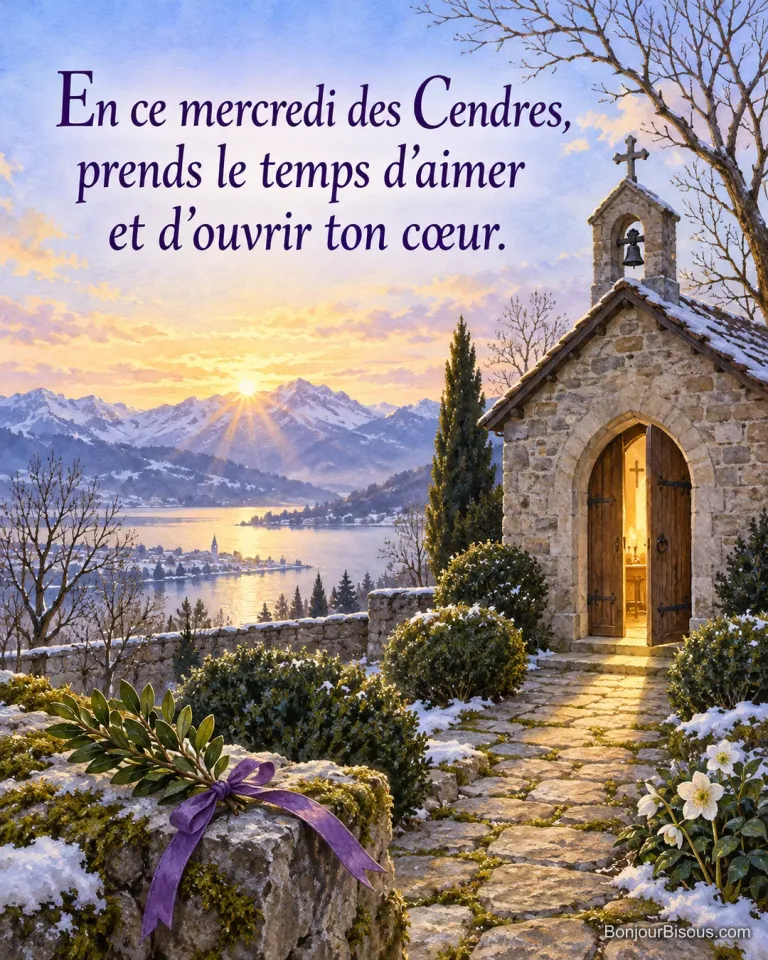 Une chapelle suisse s’ouvre sur un chemin d’hiver, près d’un rameau noué de violet et d’hellébores blanches. Le message indique « En ce mercredi des Cendres, prends le temps d’aimer et d’ouvrir ton cœur. ».