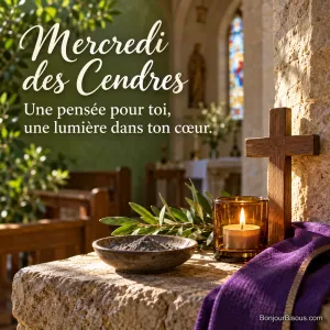 Une veilleuse unique éclaire une petite croix et un ruban violet. Le message indique « Mercredi des Cendres Une pensée pour toi, une lumière dans ton cœur. ».