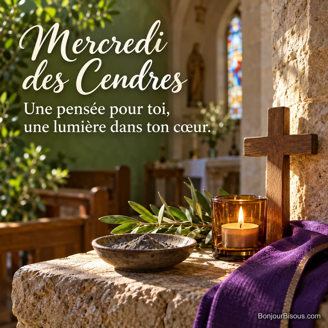 Une veilleuse unique éclaire une petite croix et un ruban violet. Le message indique « Mercredi des Cendres Une pensée pour toi, une lumière dans ton cœur. ». Une veilleuse unique éclaire une petite croix et un ruban violet. Le message indique « Mercredi des Cendres Une pensée pour toi, une lumière dans ton cœur. ».