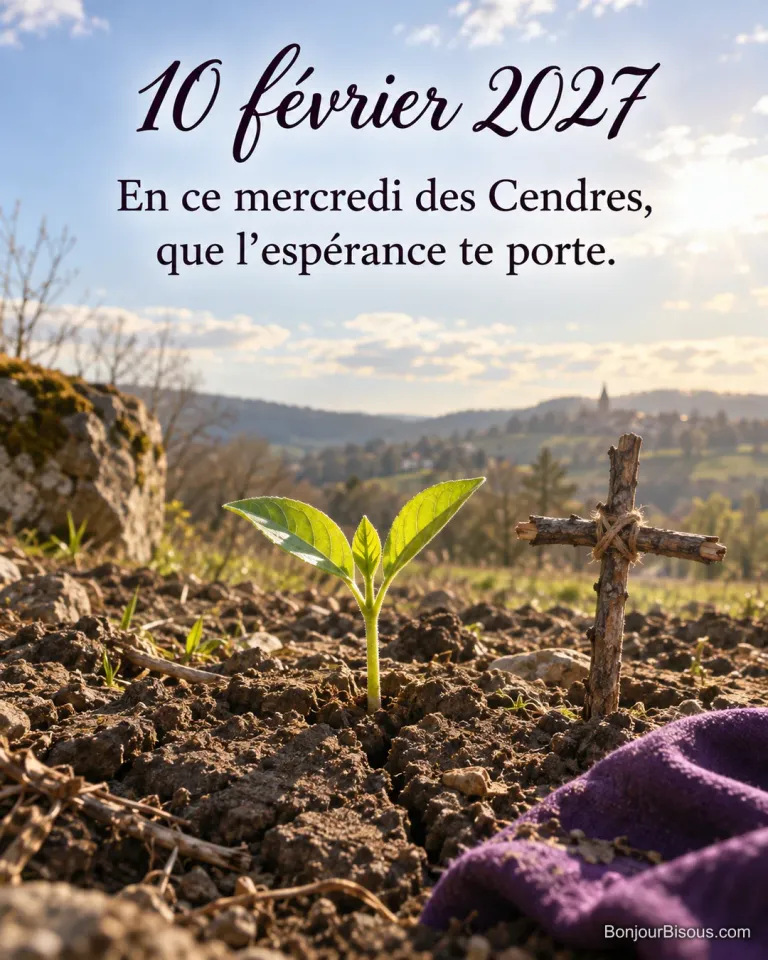 Une jeune pousse verte grandit près d’une petite croix sous un soleil chaleureux. Le message indique « 10 février 2027 En ce mercredi des Cendres, que l’espérance te porte. ».
