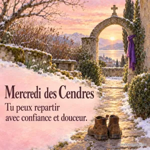 Deux bottines au départ d’un chemin de cloître enneigé invitent à avancer avec confiance. Le message indique « Mercredi des Cendres Tu peux repartir avec confiance et douceur. ».