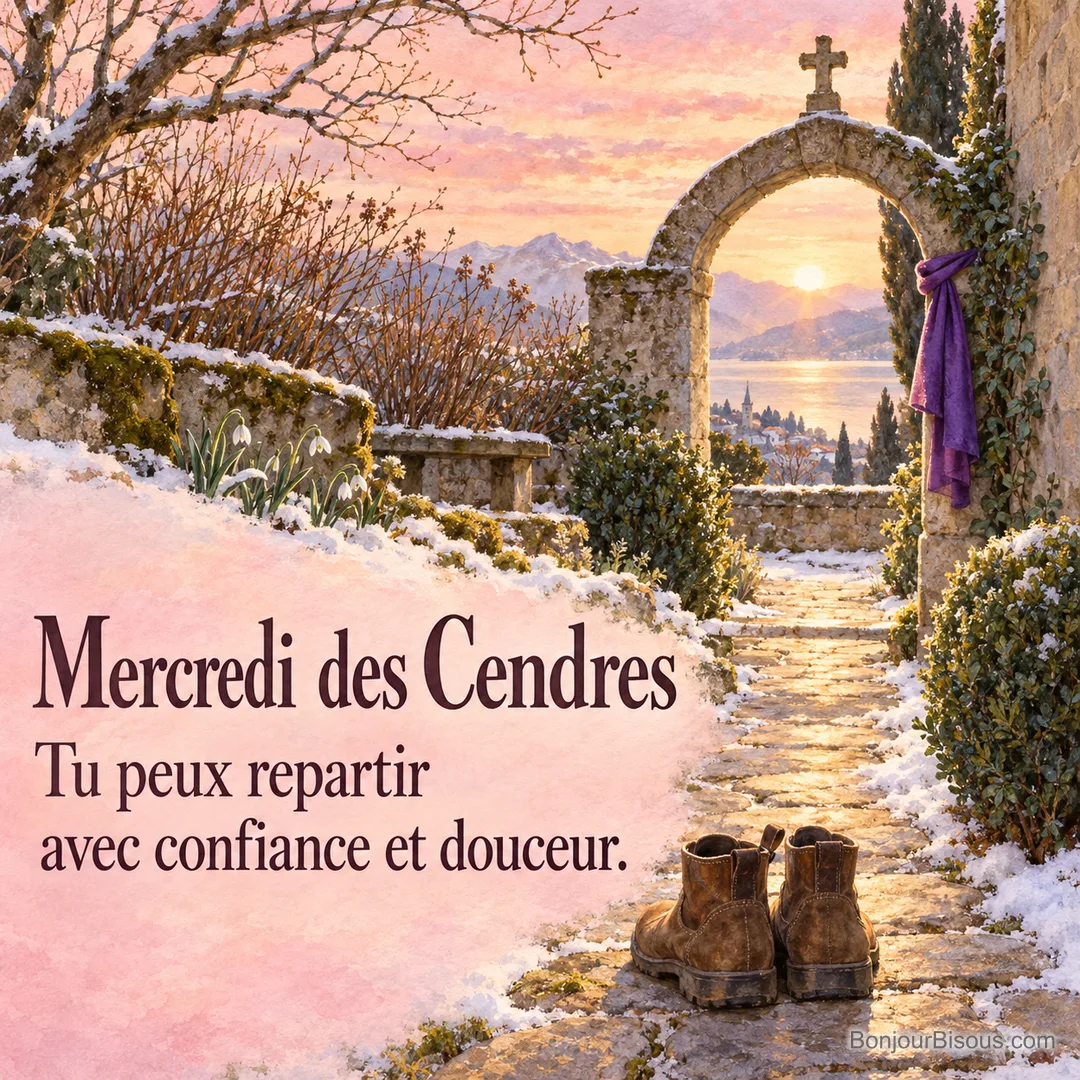 Deux bottines au départ d’un chemin de cloître enneigé invitent à avancer avec confiance. Le message indique « Mercredi des Cendres Tu peux repartir avec confiance et douceur. ». Deux bottines au départ d’un chemin de cloître enneigé invitent à avancer avec confiance. Le message indique « Mercredi des Cendres Tu peux repartir avec confiance et douceur. ».