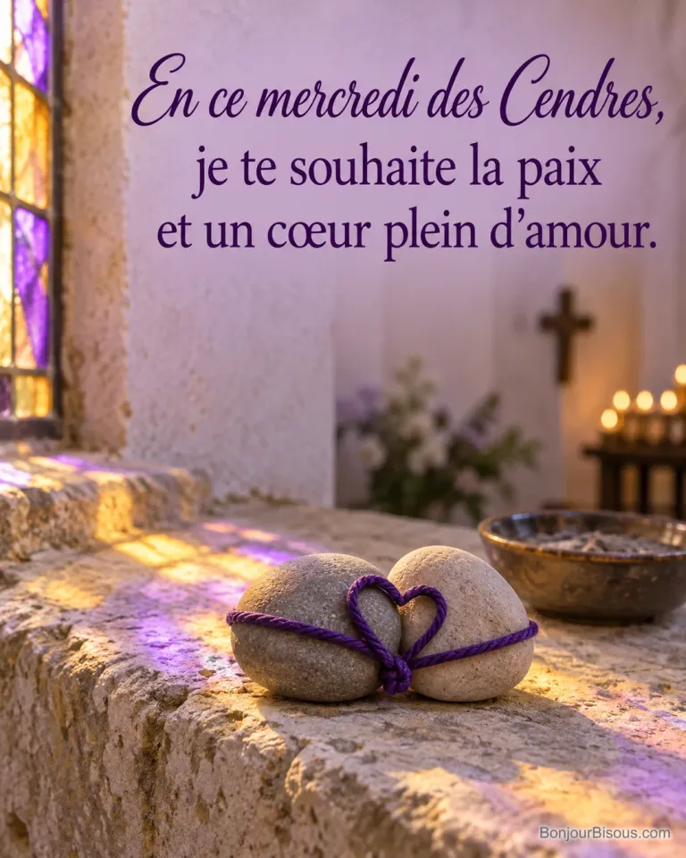 Deux galets rapprochés par un cordon violet reposent dans la lumière chaude d’une chapelle. Le message indique « En ce mercredi des Cendres, je te souhaite la paix et un cœur plein d’amour. ».
