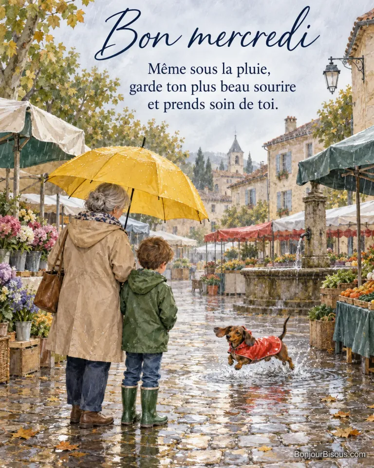Peinture d’une grand-mère et d’un garçon en bottes vertes vus de dos sous un parapluie jaune sur une place de marché pluvieuse, un teckel en ciré rouge qui saute dans une flaque, avec le texte « Bon mercredi – Même sous la pluie, garde ton plus beau sourire et prends soin de toi. »