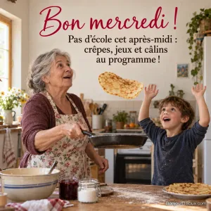 Photo d’une grand-mère en tablier fleuri qui fait sauter une crêpe dans une cuisine, un petit garçon enfariné lève les bras en regardant la crêpe en l’air, avec le texte « Bon mercredi ! Pas d’école cet après-midi : crêpes, jeux et câlins au programme ! »