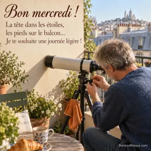 Un homme ajuste son télescope sur un petit balcon parisien au matin. Texte : « Bon mercredi ! La tête dans les étoiles, les pieds sur le balcon… Je te souhaite une journée légère ! ».