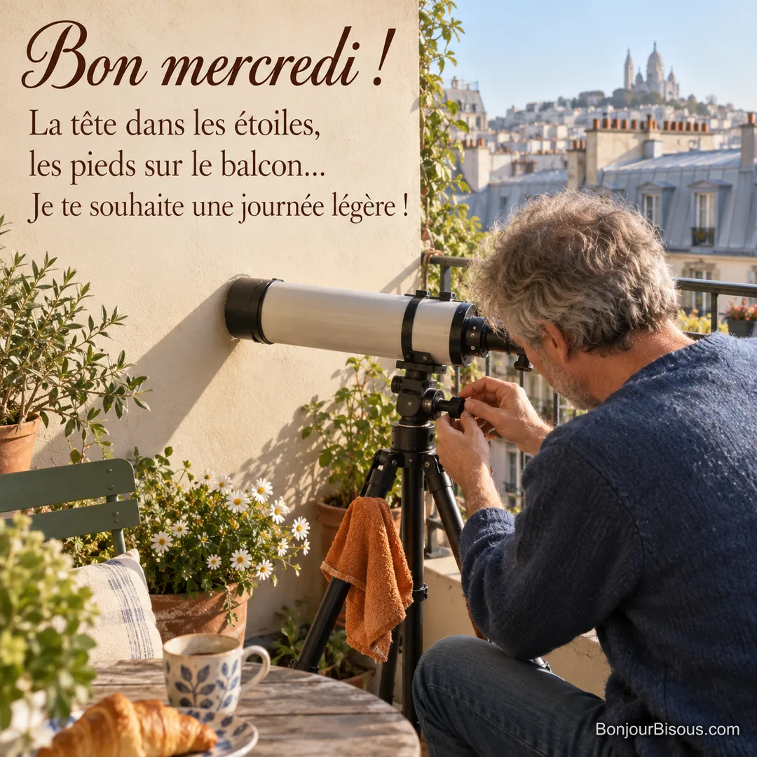 Un homme ajuste son télescope sur un petit balcon parisien au matin. Texte : « Bon mercredi ! La tête dans les étoiles, les pieds sur le balcon… Je te souhaite une journée légère ! ». Un homme ajuste son télescope sur un petit balcon parisien au matin. Texte : « Bon mercredi ! La tête dans les étoiles, les pieds sur le balcon… Je te souhaite une journée légère ! ».