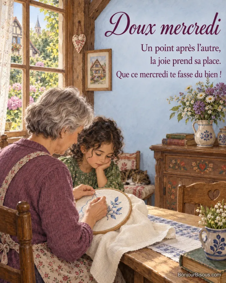 Une femme brode une nappe sous le regard d’une enfant, tandis qu’un chat dort dans leur maison alsacienne. Texte : « Doux mercredi Un point après l’autre, la joie prend sa place. Que ce mercredi te fasse du bien ! ».