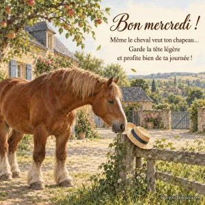 Un cheval de trait renifle un chapeau de paille posé sur une barrière du Perche. Texte : « Bon mercredi ! Même le cheval veut ton chapeau… Garde la tête légère et profite bien de ta journée ! ».